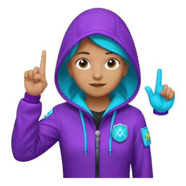 Hooded Vault Pioneer saluting with two fingers, neon purple-cyan glow, badge on chest, emoji style sticker