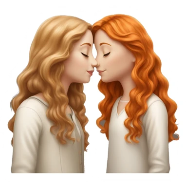 serene two white girls. one has wavy brunette hair and the other has natural soft orange hair delicate fringe. standing together kissing in gentle light. calm and content. hyper-realistic soft textures fine details glow on skin sticker