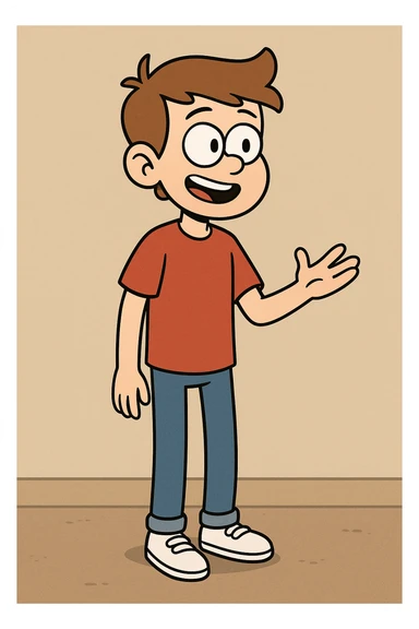 A boy lights brown hair sleeves with Red t-shirts blue jeans white shoes sticker