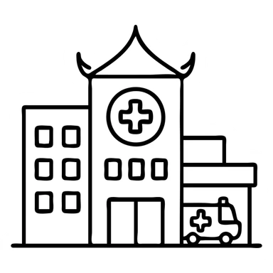 Modern hospital in Bangkok with ambulance entrance and Thai architectural elements sticker