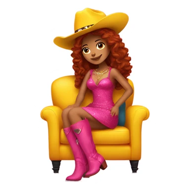 Latina with long red wavy hair sitting on a yellow couch with a hot pink dress and glitter cowboy boots and cowboy hat sticker