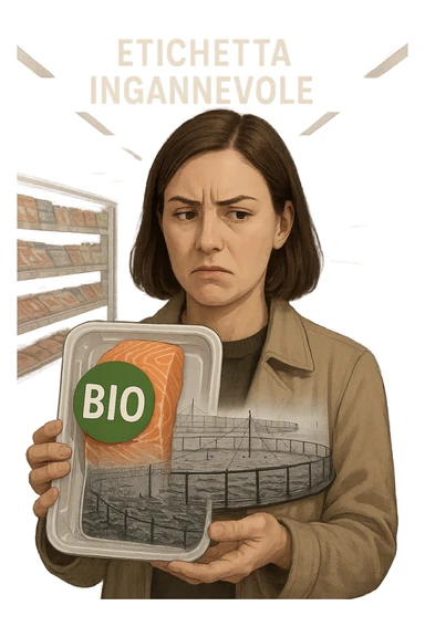 Scena in un supermercato moderno: uomo o donna tiene in mano una confezione di salmone etichettata 'BIO', con un grande bollino verde. Ma in trasparenza, dietro l’etichetta, si intravede un allevamento intensivo di salmoni in gabbie marine, acqua torbida e pesci ammassati. Espressione del cliente confusa e sospettosa. Sopra la testa, testo simbolico fluttuante: 'Etichetta ingannevole'. Colori contrastanti: confezione brillante ma realtà di fondo grigia e artificiale. Stile realistico con elementi simbolici forti sticker