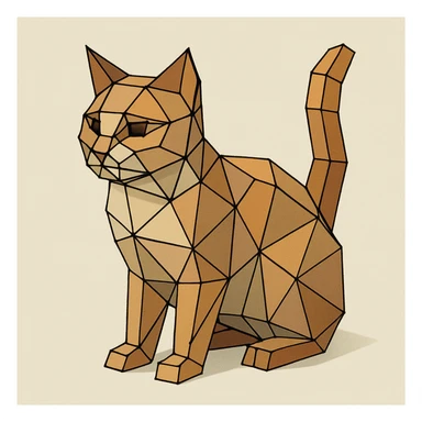 {
  "style_description": {
    "name": "Low Poly Wireframe",
    "overall_look": "Geometric abstraction with visible polygonal mesh edges and a minimal, digital aesthetic",
    "geometry": {
      "shape_type": "triangles and quadrilaterals forming faceted surfaces",
      "structure": "low-resolution polygon meshes with flat faces",
      "edge_visibility": "clear, sharp wireframe outlines around each polygon",
      "dimensionality": "3D-like forms created through flat shading and edge contours"
    },
    "linework": {
      "type": "thin or semi-bold outlines tracing all edges of the mesh",
      "style": "uniform or slightly stylized (e.g., dotted or glowing lines)",
      "color": "typically black, dark gray, or color-matched for contrast"
    },
    "color": {
      "application": "solid flat colors per polygon, without gradients",
      "palette_type": "limited, often monochromatic or with tonal variation per face",
      "highlighting": "minimal shading to emphasize surface depth without realism"
    },
    "lighting": {
      "approach": "ambient or directional lighting used sparingly to add dimension",
      "avoid": ["soft shadows", "complex reflections", "photorealism"]
    },
    "background": {
      "style": "plain or gradient backdrop to contrast mesh clarity",
      "consistency": "flat and neutral to preserve focus on wireframe structure"
    },
    "render_constraints": {
      "avoid": ["smooth surfaces", "rounded curves", "realistic textures"],
      "focus_on": ["polygon edges", "angular forms", "mesh clarity"]
    },
    "subject_treatment": {
      "representation": "simplified, stylized forms with clear geometry",
      "emphasis": "structure, volume through form and edge"
    }
  }
}

{subject} = cat sticker
