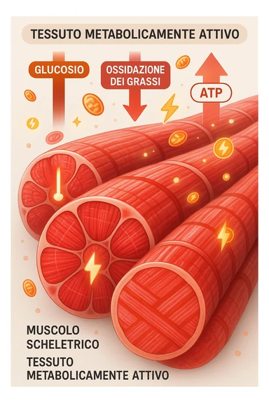 a highly detailed cross-section of human skeletal muscle fibers, shown in vibrant red and pink tones, with visible striations and realistic texture. Glowing arrows and animated icons represent active metabolic processes—such as glucose uptake, fat oxidation, and ATP production—occurring within the muscle tissue. Surrounding the muscle, floating symbols for mitochondria and energy highlight its metabolic activity. The background is clean and clinical, with subtle labels and infographics explaining that muscle is a metabolically active tissue. The overall style is modern, scientific, and visually engaging, suitable for educational or medical use. in italiano sticker