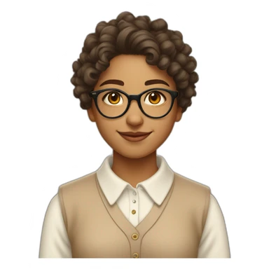 smiling indian teenage girl with curly hair and glasses wearing a collared long sleeve white shirt under a beige v shaped collar sweatervest with no buttons sticker