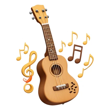 Create a cheerful and compact emoji representing a ukulele. The design should feature the small, wooden body of the ukulele with its smooth curves and visible strings. Highlight the sound hole and fretboard with subtle detailing to show the instrument’s craftsmanship. The wooden finish should be light, such as honey or natural wood tones, with dark accents for the fretboard and bridge. Add musical notes or soundwaves floating around the ukulele to evoke its bright, happy sound. The background should be transparent. sticker