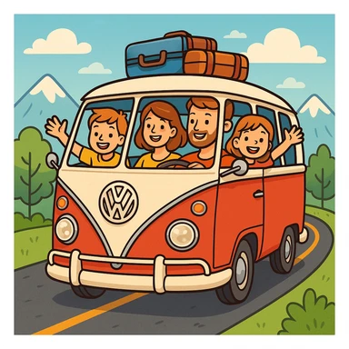 color vector art with thin outline of family on road trip with volkwagon van  sticker