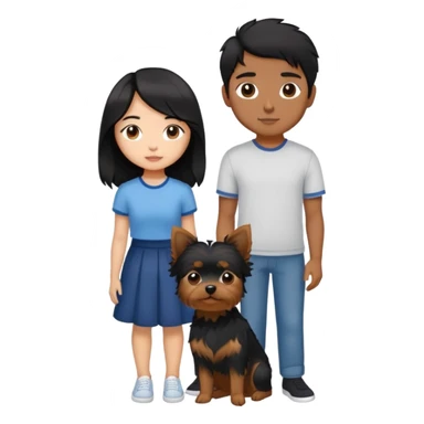 A couple holding a small Yorkshire Terrier together. The girl is Asian with long, luscious wavy black hair (loose, no hair tie). She is standing beside her boyfriend, a brown-skinned man with a short middle part haircut sticker