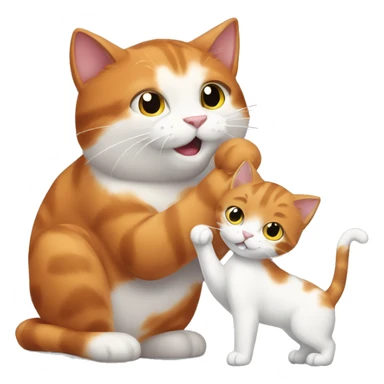 A big red cat playing with a small white-gray kitty sticker