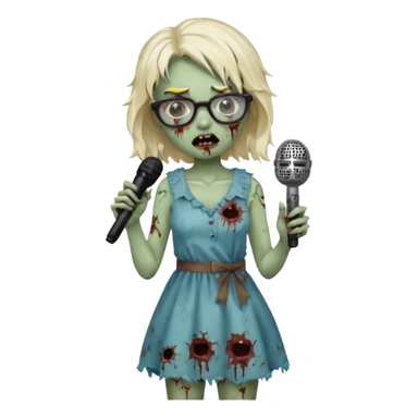 singer, Zombie girl, super happy, wearing dress, holding mic, glasses sticker