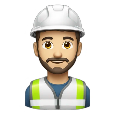 A young Turkish electrical engineer with a light beard, a white helmet and a phosphorescent protective vest sticker