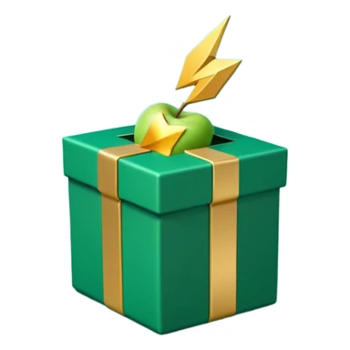 3D minimal open gift box with small floating icons coming out (envelope, lightning bolt, sparkle), matte finish, deep green (#0B3D2C) box, gold (#C9B037) icons, Apple style, ultra minimal, soft shadow, transparent background sticker