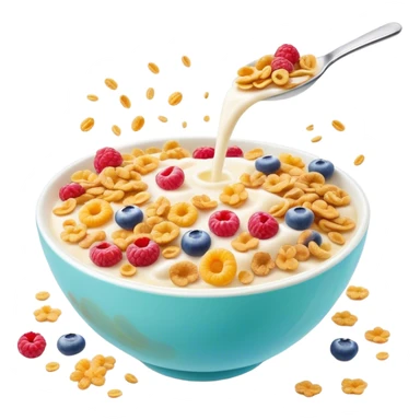 Cinematic crunchy cereal, vibrant and colorful, splashing into a bowl of cold milk, soft glowing background, dynamic movement, playful and inviting, nostalgic and fun. sticker