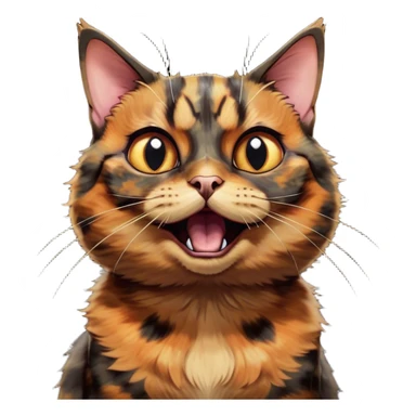 Cinematic Comical Tortoiseshell Cat Portrait Emoji, Head cocked dramatically with an over-the-top shocked expression, featuring a rich mottled fur of browns and blacks and wide, comically animated eyes full of playful disbelief, simplified yet hilariously detailed, glowing with a bold, sassy radiance, high shine, exuding a mischievous and spirited charm, styled with a soft glowing outline, capturing the essence of a tortoiseshell cat that appears ready to burst into comical antics! sticker