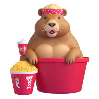 Muscular capybara with Johnny Depp features, goatee, bandana, earrings, sitting in a KFC bucket sticker