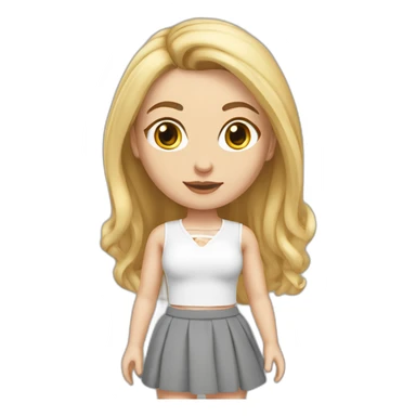realistic caucasian female, long straight blonde hair, white lace up crop top, grey mini skirt, body view sticker