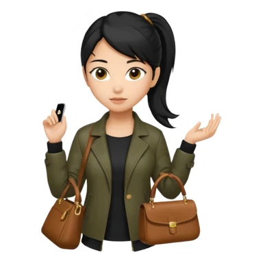 A girl with a pony tail black hair and olive ish skin, Asian eyes, with a black jacket and a brown purse  sticker