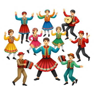 Humanless Icon for Folk Dance: traditional dance shoes, colorful folk costumes, and a dance circle with ribbons and musical instruments like a tambourine or accordion. The icon should represent the vibrant and cultural aspects of folk dancing. Transparent background. sticker