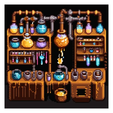 Ein Bäcker mit einem Labor aus Zuckerglas, Karamellrohren und Honigflüssigkeiten. Die Umgebung wirkt wie ein süßes Steampunk-Labor. Interface-Elemente imitieren klebrige Texturen, mit tropfenden Effekten und glänzenden Bonbonfarben sticker