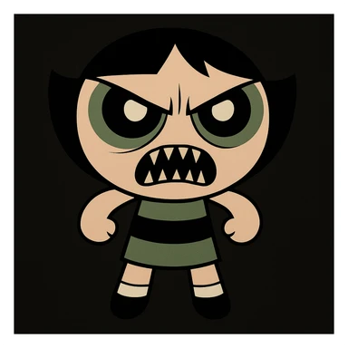 Make Buttercup from Powerpuff Girls scary like the reference, with a menacing face, sharp teeth, intense eyes, but keep her signature green dress and short hair, cartoon style, black background. sticker