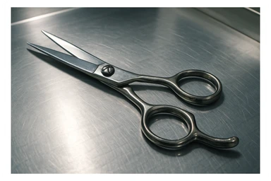 A set of professional barber scissors lies on a stainless steel workbench, gleaming under the bright lights. The blades are sharp and precise, with smooth handles showing signs of frequent use, ready for the next cut sticker