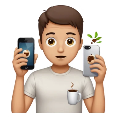 clumsy ordinary guy in classic emoji style, round head, huge shiny eyes, small mouth, awkward expression, spilled coffee on shirt, holding broken phone, thick black outline, flat vibrant colors, Apple emoji aesthetic, white background, very simple and cute sticker