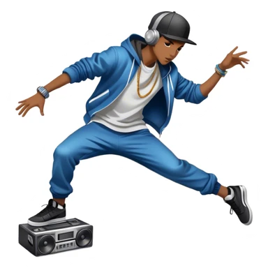 Icon for Street Dance: a dancer in urban streetwear performing a dynamic lower breakdance move, with a spray-painted background and a boombox on the asphalt. The icon should capture the energy, style, and creativity of street dance culture. Transparent background. sticker