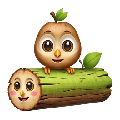 caricature of a smiling wooden log with big eyes, small bird perched on top, apple emoji style, white background, cute and colorful sticker
