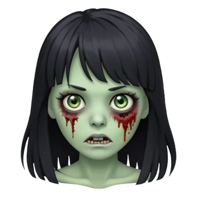 Emoji de mulher verde zumbi cabelos longos pretos e franja sticker