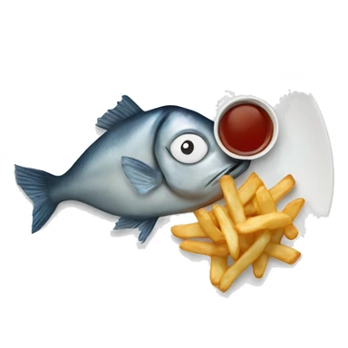 fish and chips on the plate. the ketcups are on the middle of the plate with no real eyes sticker