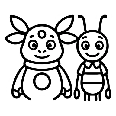 Luntik and Kuzya as a classic outlined icon, balanced proportions, no fill sticker