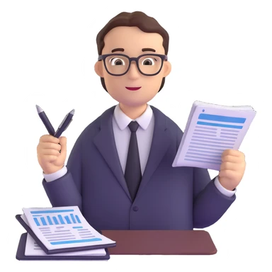 male accountant with financial reports, pen and glasses sticker
