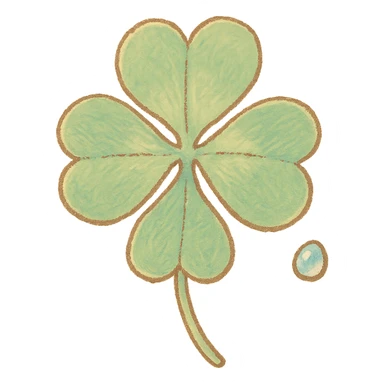 four-leaf clover, pastel Japanese hand-drawn sticker style, full object, transparent background, with a tiny dew drop sticker