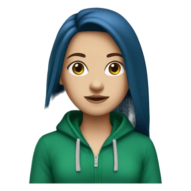white girl with dark blue long hair wearing unzipped green hoodie sticker