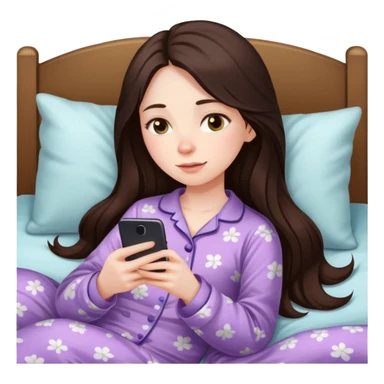 girl with long dark brown hair and pale laying in bed in pajamas looking at her phone sticker