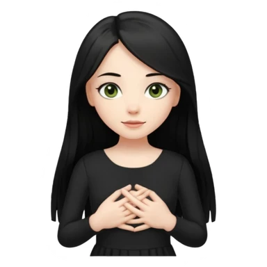 Pale girl with long black hair and olive green eyes soft smile wearing black dress and holding hands over her chest sticker