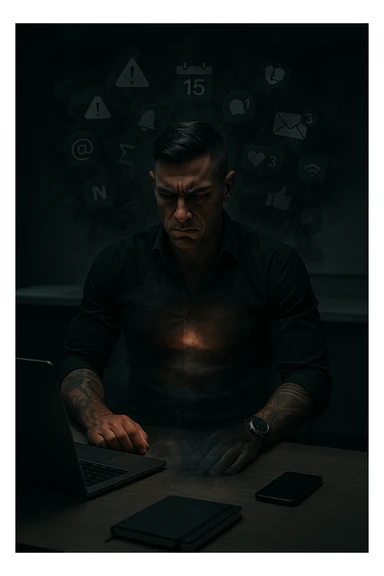 A highly realistic, cinematic image of a young man in his early 30s, sitting at a modern office desk under harsh artificial lighting, shoulders hunched, jaw clenched, and breathing shallowly, symbolizing how modern society forces people to live in a state of chronic tension and restricted breathing. Around him, faint black and grey visual elements represent notifications, deadlines, social media icons, and news alerts, swirling around his head like a chaotic storm, symbolizing societal pressure. His chest appears visually tight and compressed, and faint dark smoke emanates from his body, representing blocked breath and internalized stress. In contrast, a faint glowing light near his chest and abdomen tries to expand, symbolizing the innate desire of the body to breathe freely and deeply. The environment is cold and minimalistic, with a sense of stillness and tension, captured in a hyperrealistic 35mm film style with muted colors, focusing on the man's tense posture and restricted breathing to reflect the unseen burden of modern living. in italiano sticker