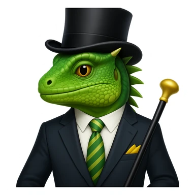 Add a top hat and cane to the iguana in a business suit with a tie in the style of apple emojis. Keep the apple emoji style consistent with the original image. sticker