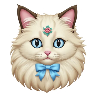 Neva masquerade cat, very fluffy, with pale blue eyes and rose nose sticker