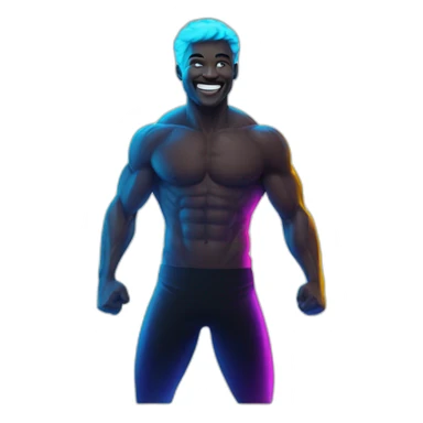 Fit, playful emoji-man with vivid neon glow, exuding a cheerful aura, and strong, lively posture.”  sticker