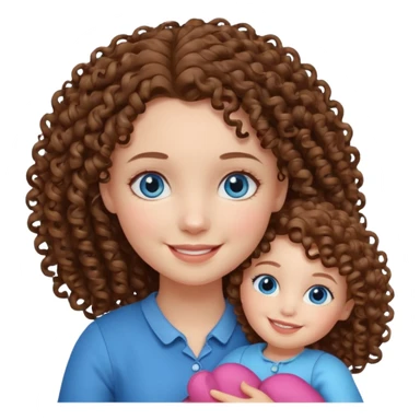 Una niña con ojos celestes y pelo rizado con piel blanca y con una muñeca  sticker