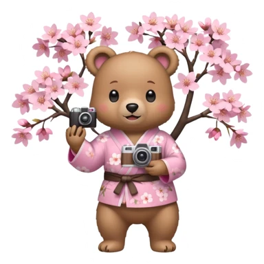A cute light-brown bear wearing a pastel pink sakura-patterned kimono, normal balanced body ratio.  
Standing under a blooming sakura tree, holding a small camera and taking a picture with a happy smile.  
Kawaii emoji style, minimalistic clean sticker illustration, simple scenic background.
 sticker