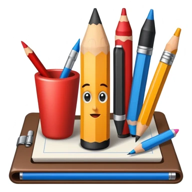 vibrant and detailed icon symbolizing cartooning. The design should feature elements like a pencil, a sketchpad with exaggerated caricatured faces or figures and artistic tools like ink bottles or markers. Use bold, bright colors to reflect the playful of caricature art. transparent background sticker
