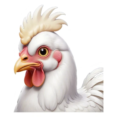 Cinematic Noble White Chicken Portrait Emoji, Poised and regal, with a compact, sturdy build and a pristine, well-groomed pure white plumage, deep-set soulful beady eyes, Simplified yet sharp and sophisticated features, highly detailed, glowing with a soft, dignified glow, high shine, intelligent and alert, stylized with an air of barnyard elegance, focused and attentive, soft glowing outline, capturing the essence of a watchful and confident fowl, so majestic it feels as though it could strut out of the screen with effortless authority! sticker