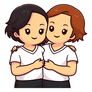 Two girls with light skin, one with chestnut hair and one with black hair, wearing white V-neck shirts, hugging warmly with gentle smiles sticker
