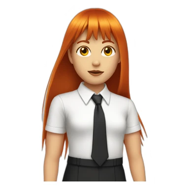 (gril) makima with long straight red hair fringe, yellow eyes with a circle inside and a white shirt and black tie sticker
