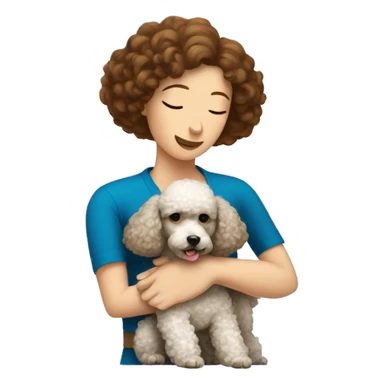 A poodle in an embrace with a brown-haired woman with a square sticker