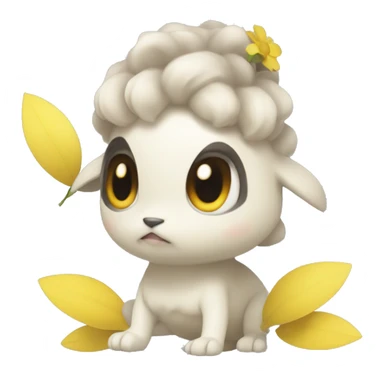 a white female only pokemon with stubby arms and legs it also has a yellow petals under its lower body covering its lower body sticker