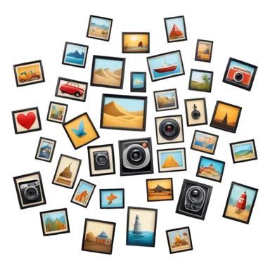 Icon for Photograph and Poster Collecting: a collection of photographs and movie posters, neatly displayed on a wall or in frames. The icon should evoke the nostalgia and artistic value of collecting rare images and posters. Transparent background. sticker