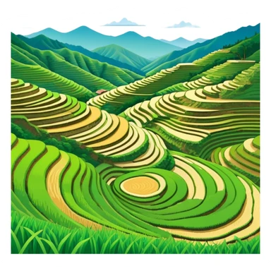 Longji Rice Terraces Guangxi curved farming terraces, simplified emoji style with bold outlines and bright colors, cartoon style layered green fields on mountain sticker